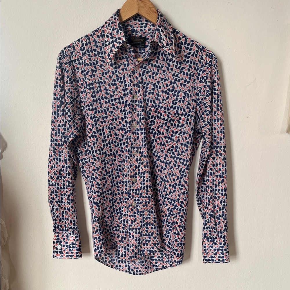 Vintage 70’s Towncraft Men's Navy and Red Geometric Button Down Shirt